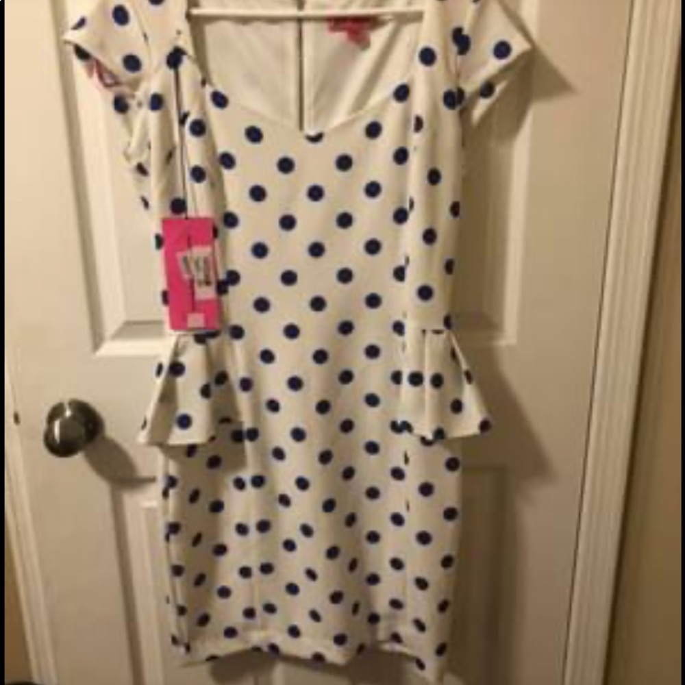 Betsey Johnson ivory and blue polka dot peplum drs - Picture 4 of 7
